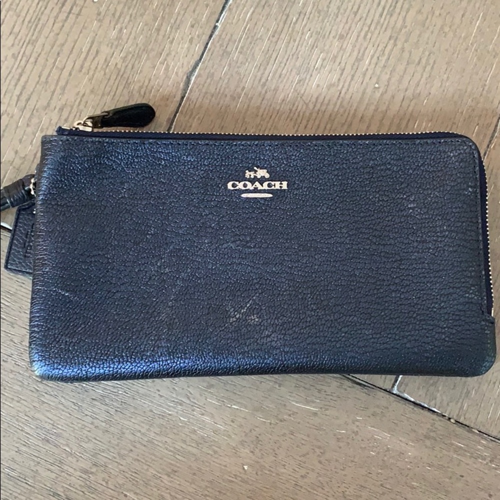 Coach Navy/Metallic Leather Double Wristlet, Large